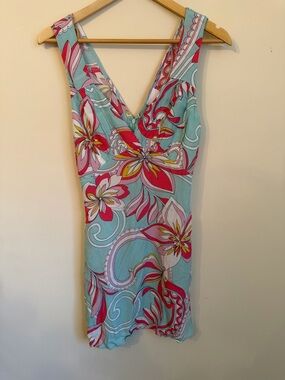 Sky To Moon Floral V-Neck Mini Dress in Aqua & Pink